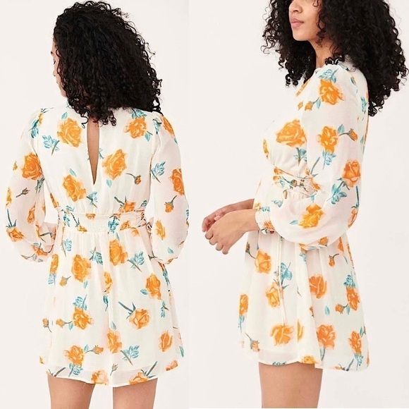 NWT FREE PEOPLE Floral Chiffon Puff Long Sleeve Smock Cuff Lace Up Side Dress XS - Picture 2 of 9